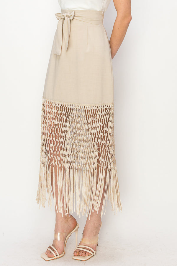 Fringed hem high waist with belt Midi Skirt