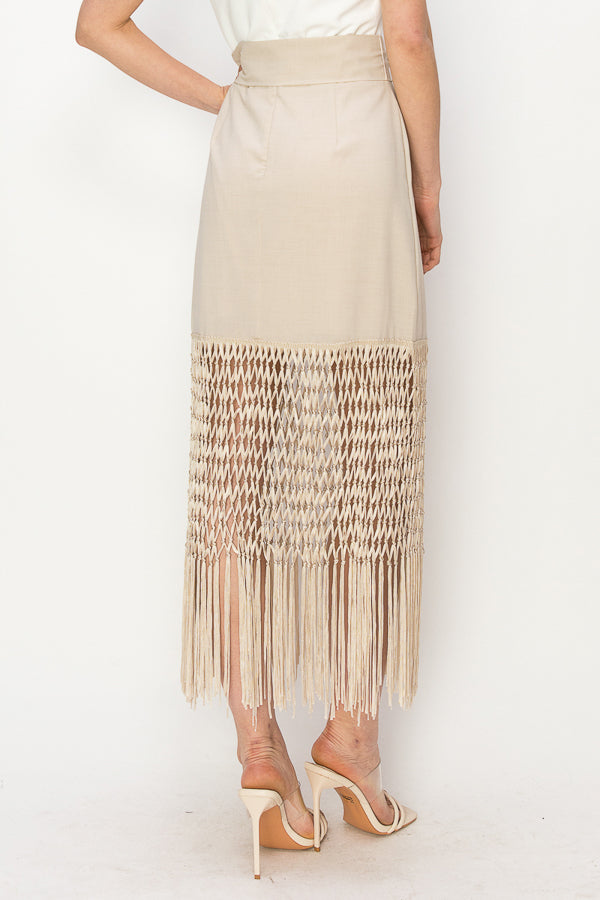 Fringed hem high waist with belt Midi Skirt