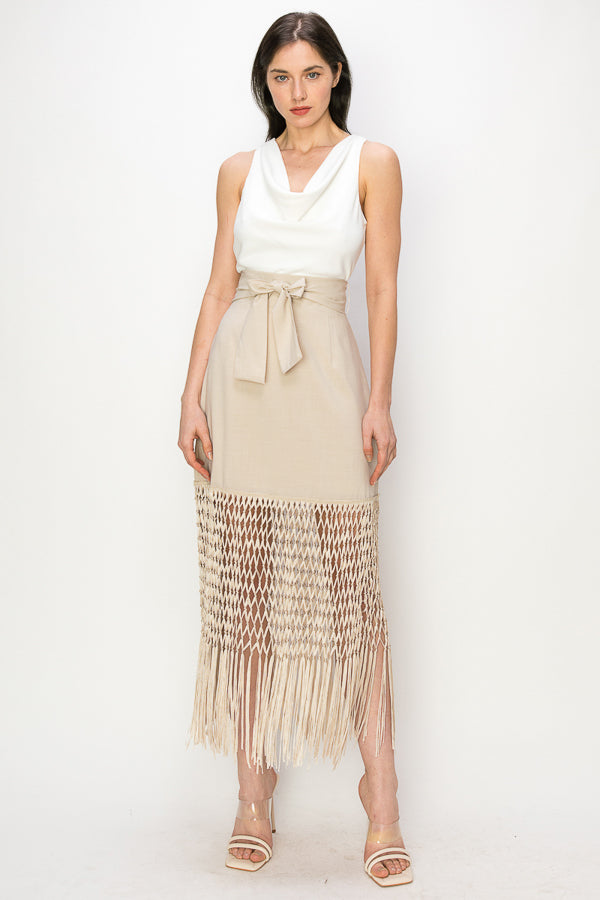 Fringed hem high waist with belt Midi Skirt