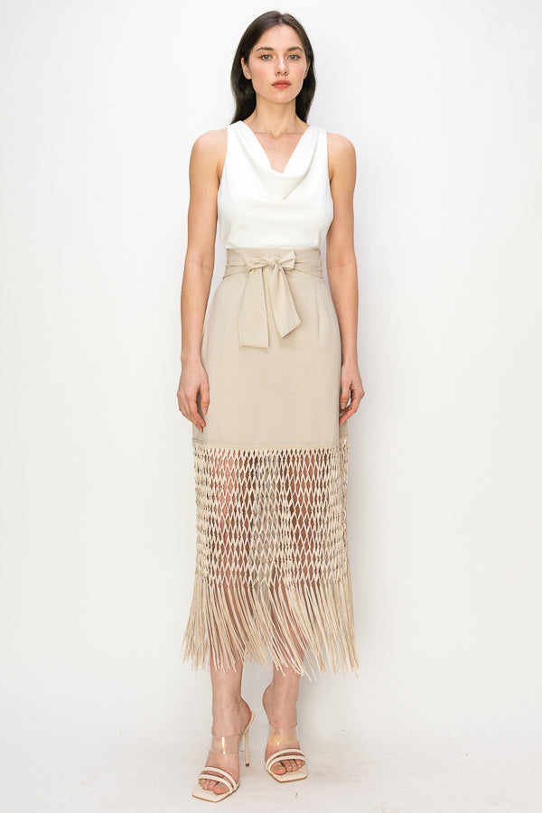 Fringed hem high waist with belt Midi Skirt