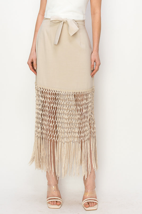 Fringed hem high waist with belt Midi Skirt