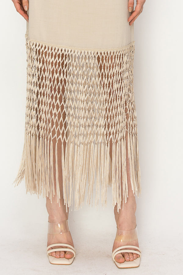 Fringed hem high waist with belt Midi Skirt