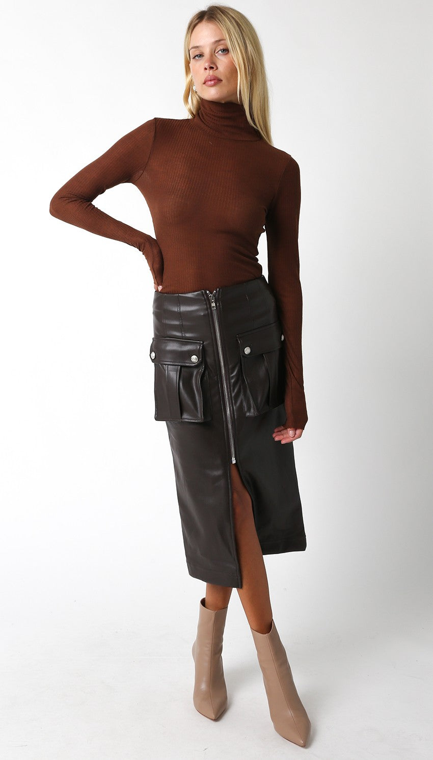 Women's brown faux leather cargo skirt