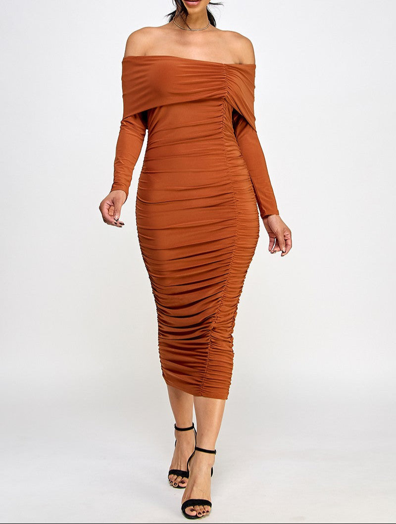 Women's off the shoulder ruched midi dress