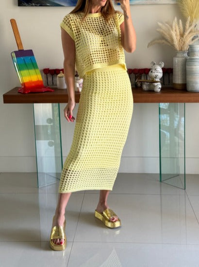 Women's Crochet Sleeveless Top Midi Skirt Set (Yellow)