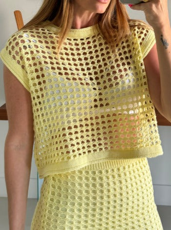 Women's Crochet Sleeveless Top Midi Skirt Set (Yellow)