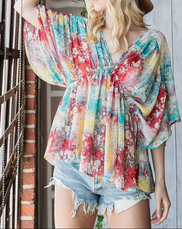 Dolman sleeve multi color top