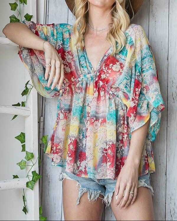 Dolman sleeve multi color top