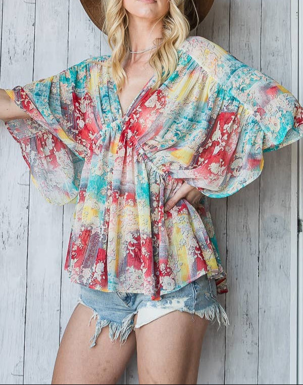 Dolman sleeve multi color top