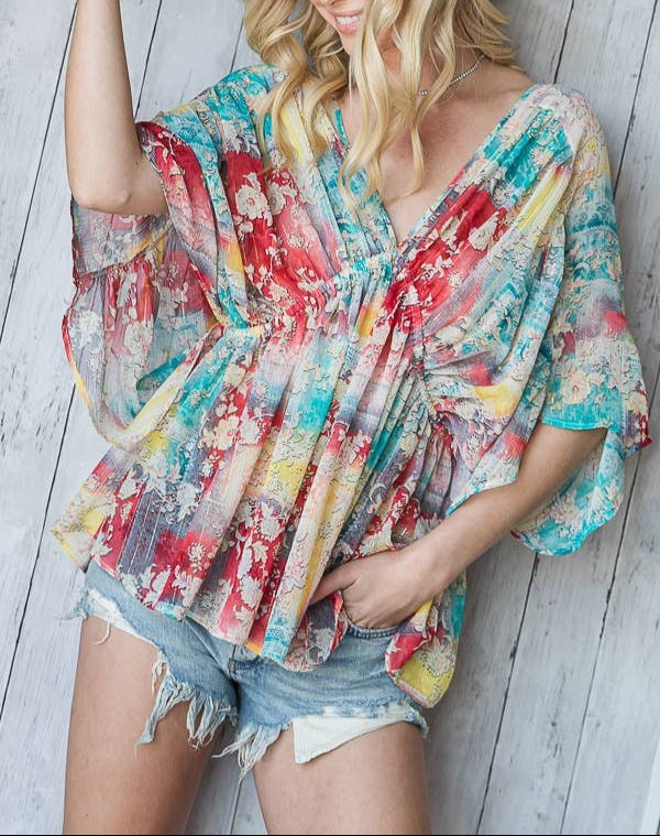 Dolman sleeve multi color top