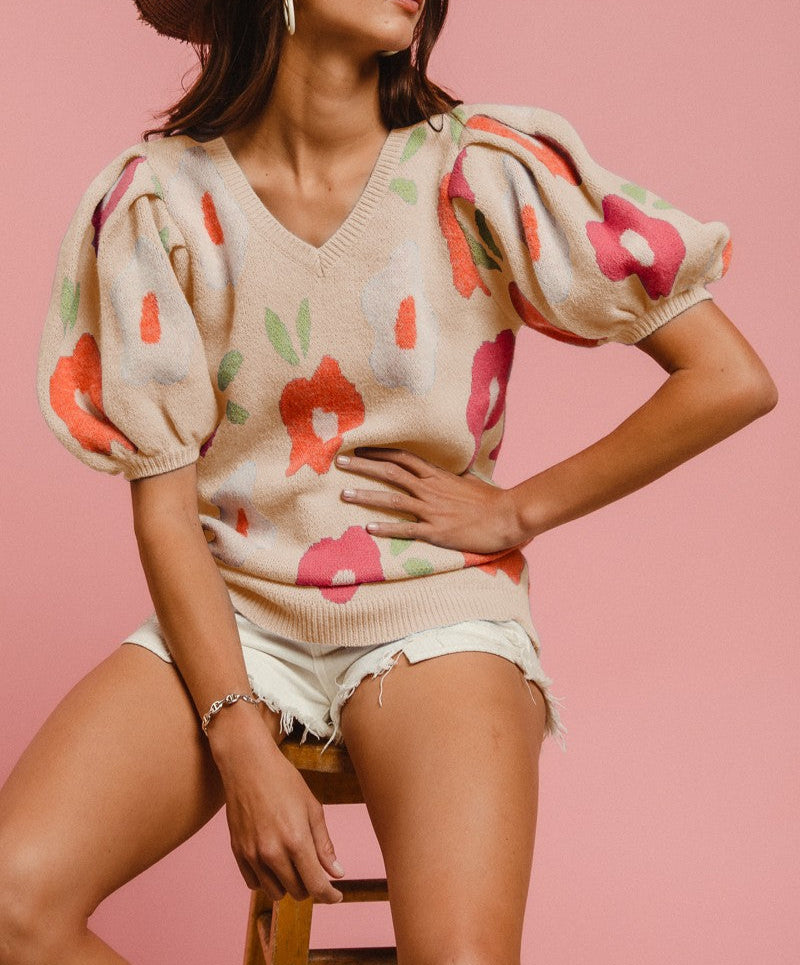 Women's Floral Pattern puff sleeve sweater (Oatmeal)