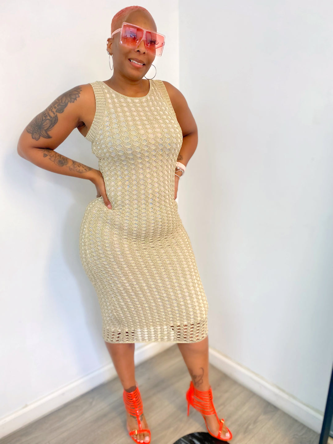 Women's Metallic net midi tank dress