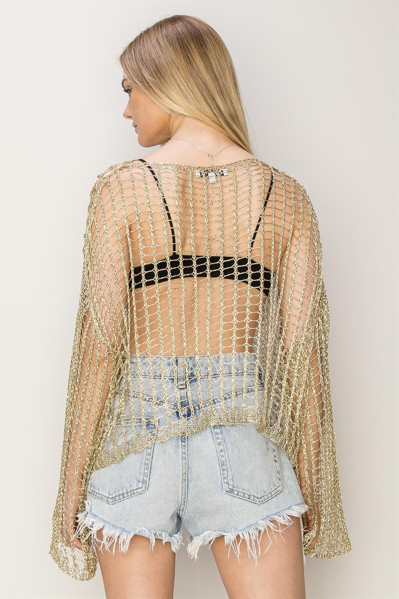 Women's Gold Metallic Fishnet Sweater