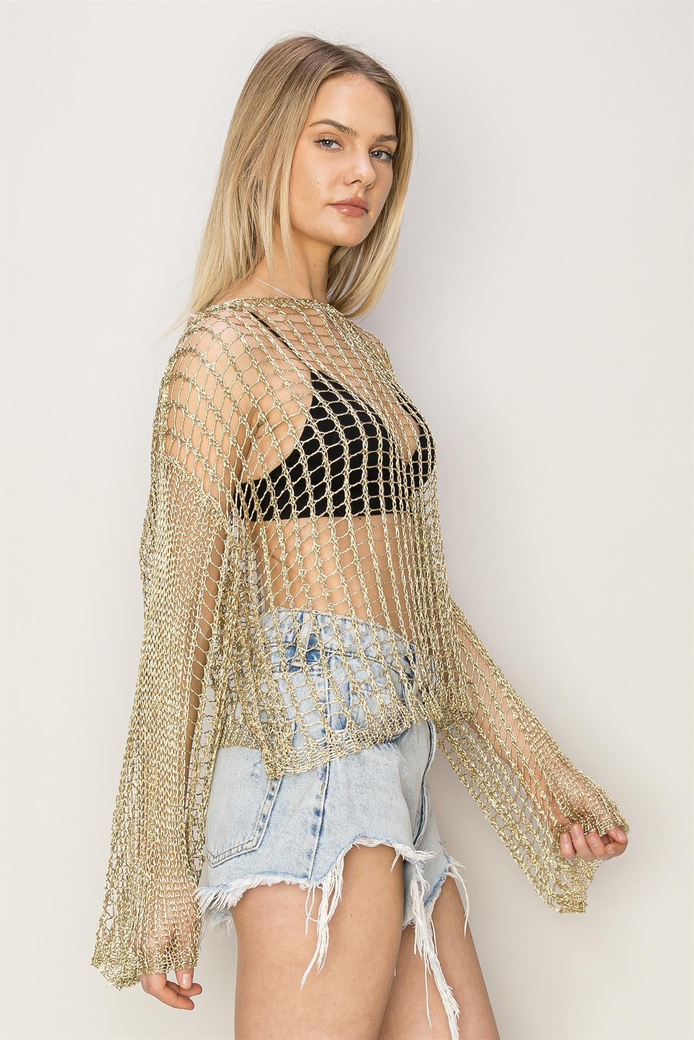 Women's Gold Metallic Fishnet Sweater
