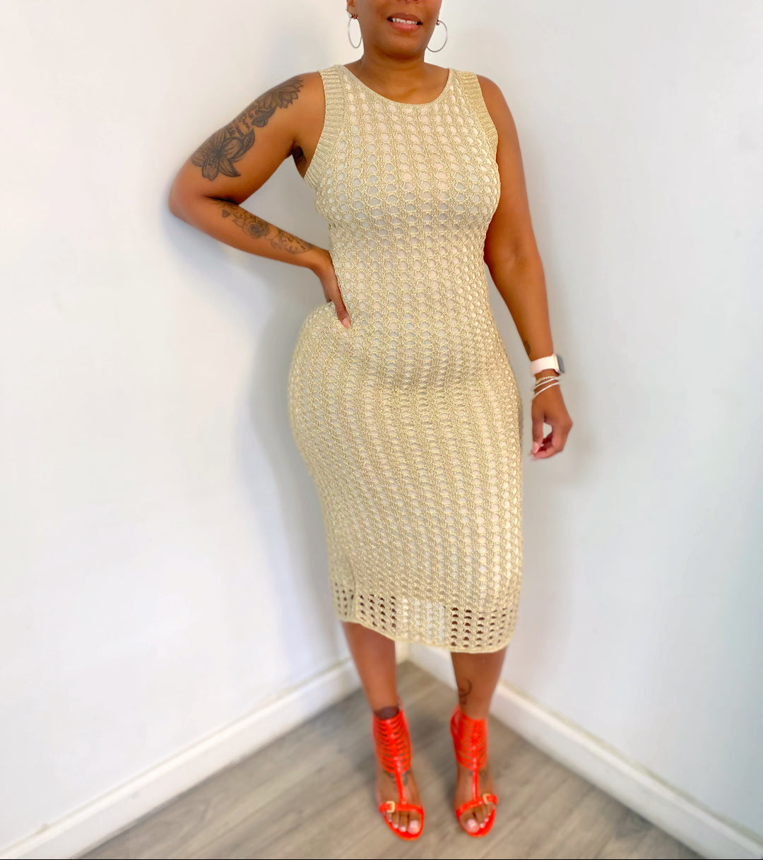 Women's Metallic net midi tank dress