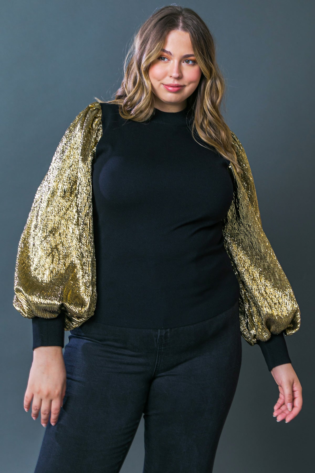 Women's knit sweater with gold metallic sleeves (Plus)