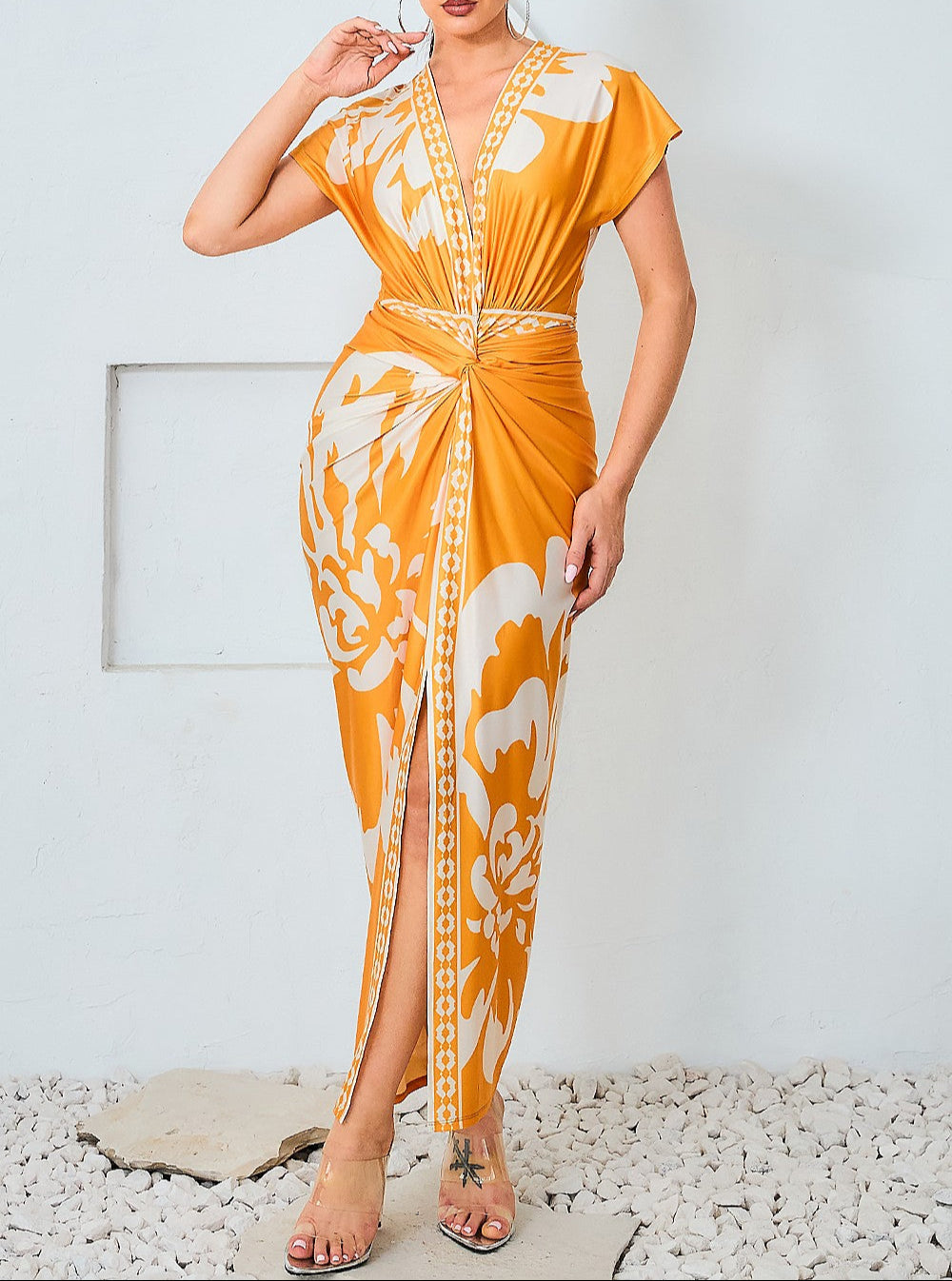 Mustard Yellow V-neck midi dress