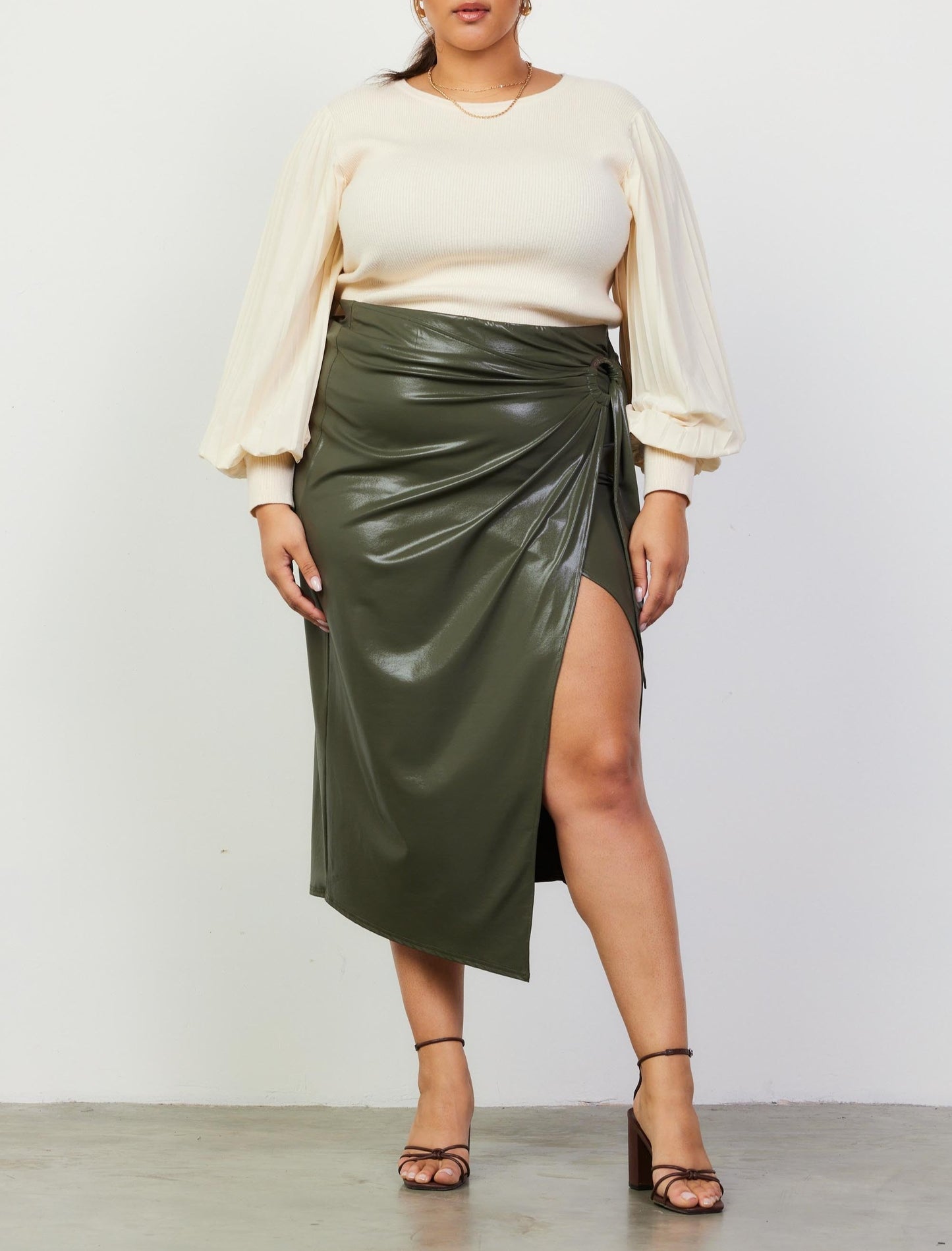 Women's Olive faux leather wrap skirt