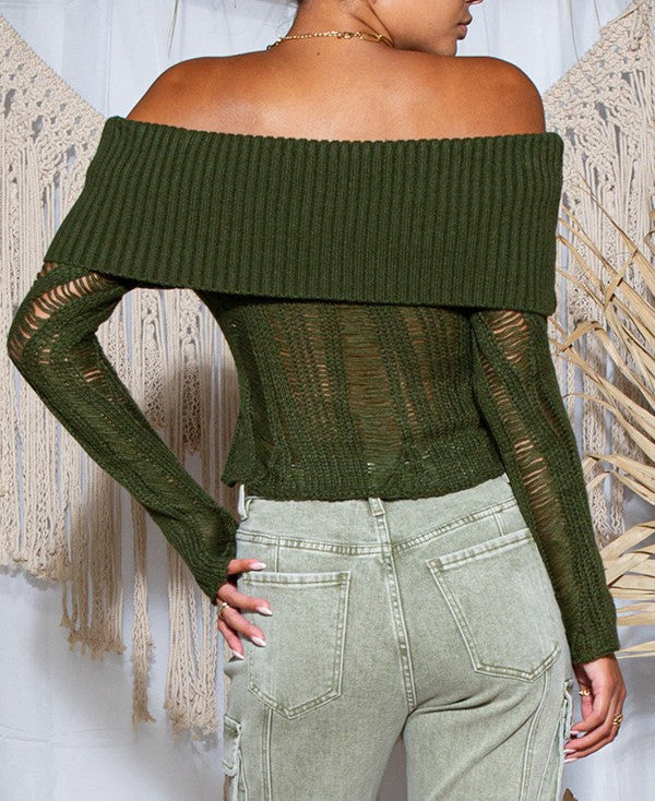 Women's off the shoulder distressed sweater