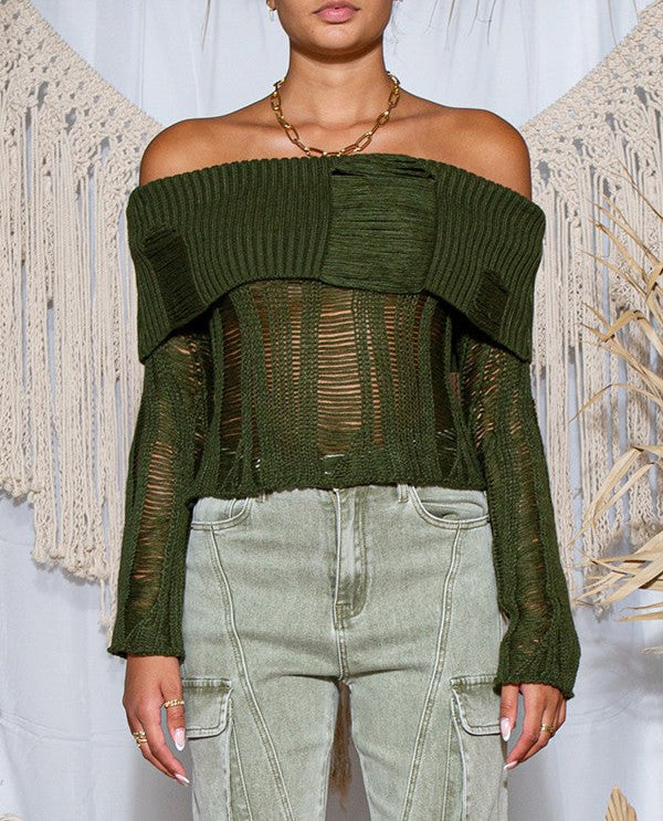 Women's off the shoulder distressed sweater