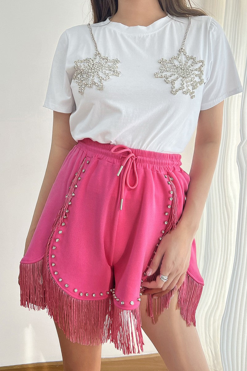 Women's pink fringe shorts