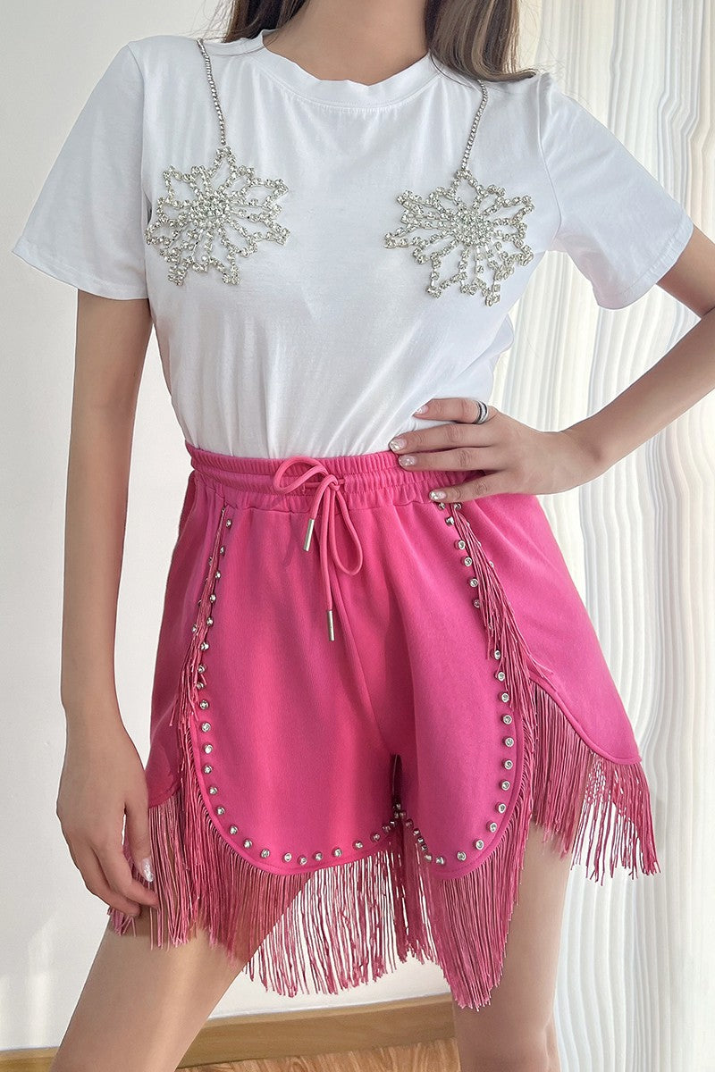 Women's pink fringe shorts