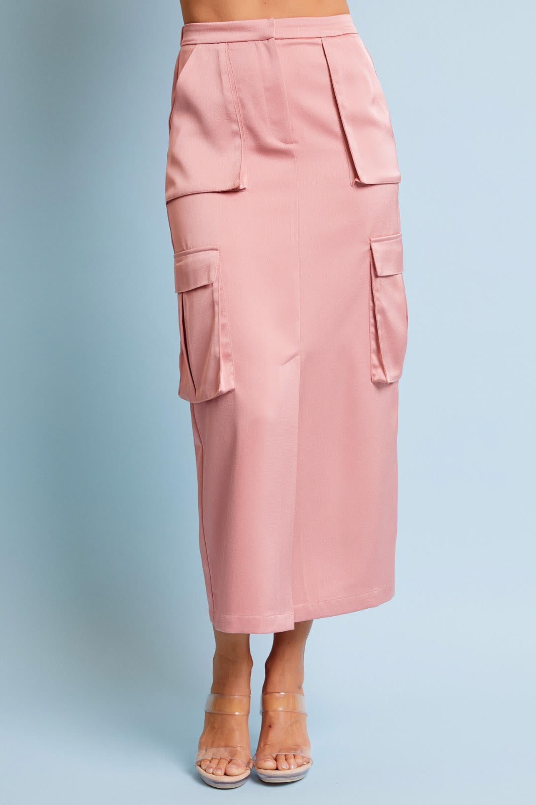 Women's pink satin cargo skirt