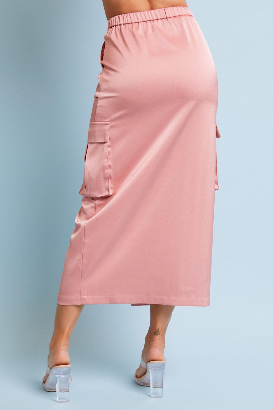 Women's pink satin cargo skirt