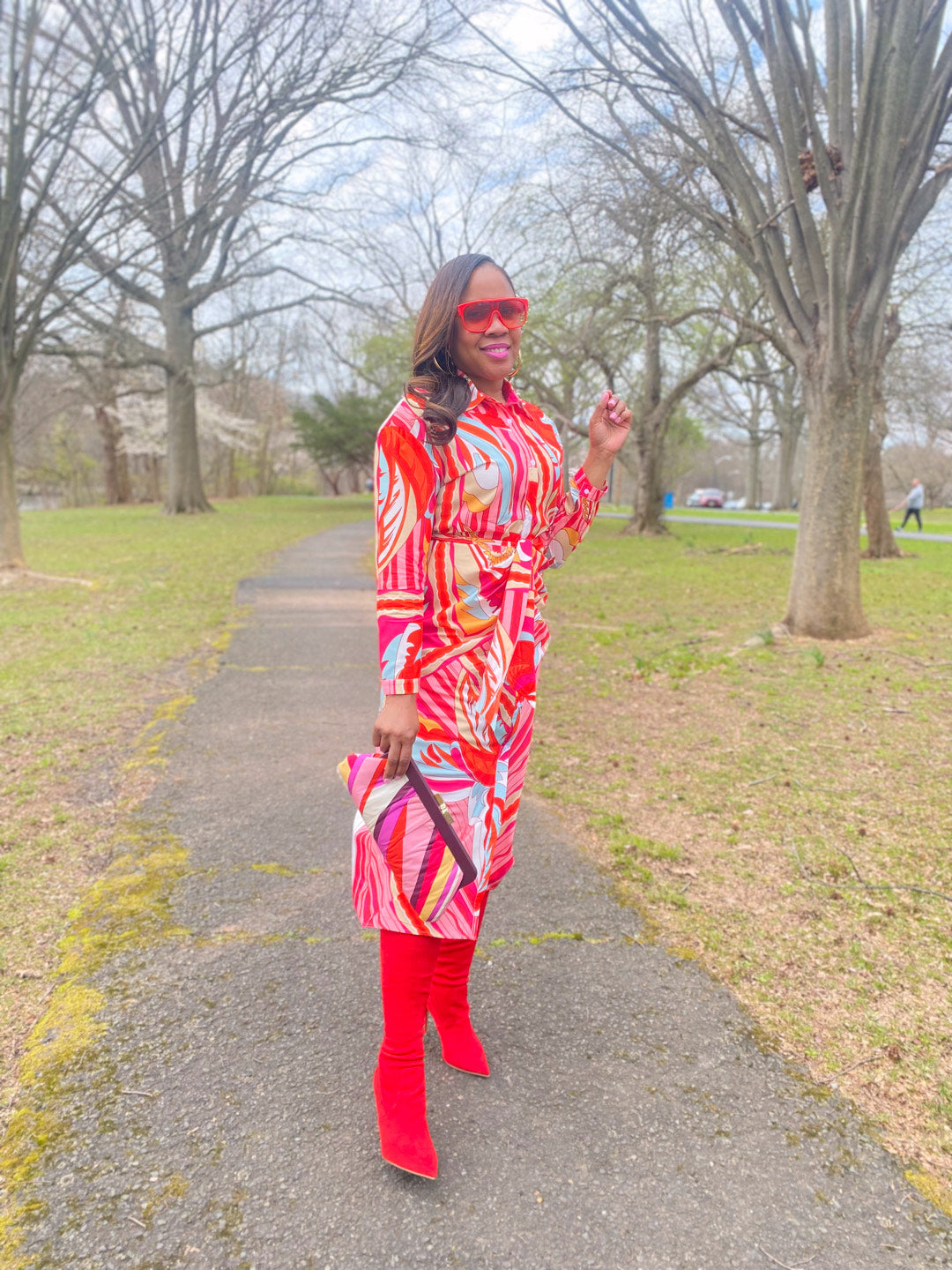 Women's red printed shirt dress with belt