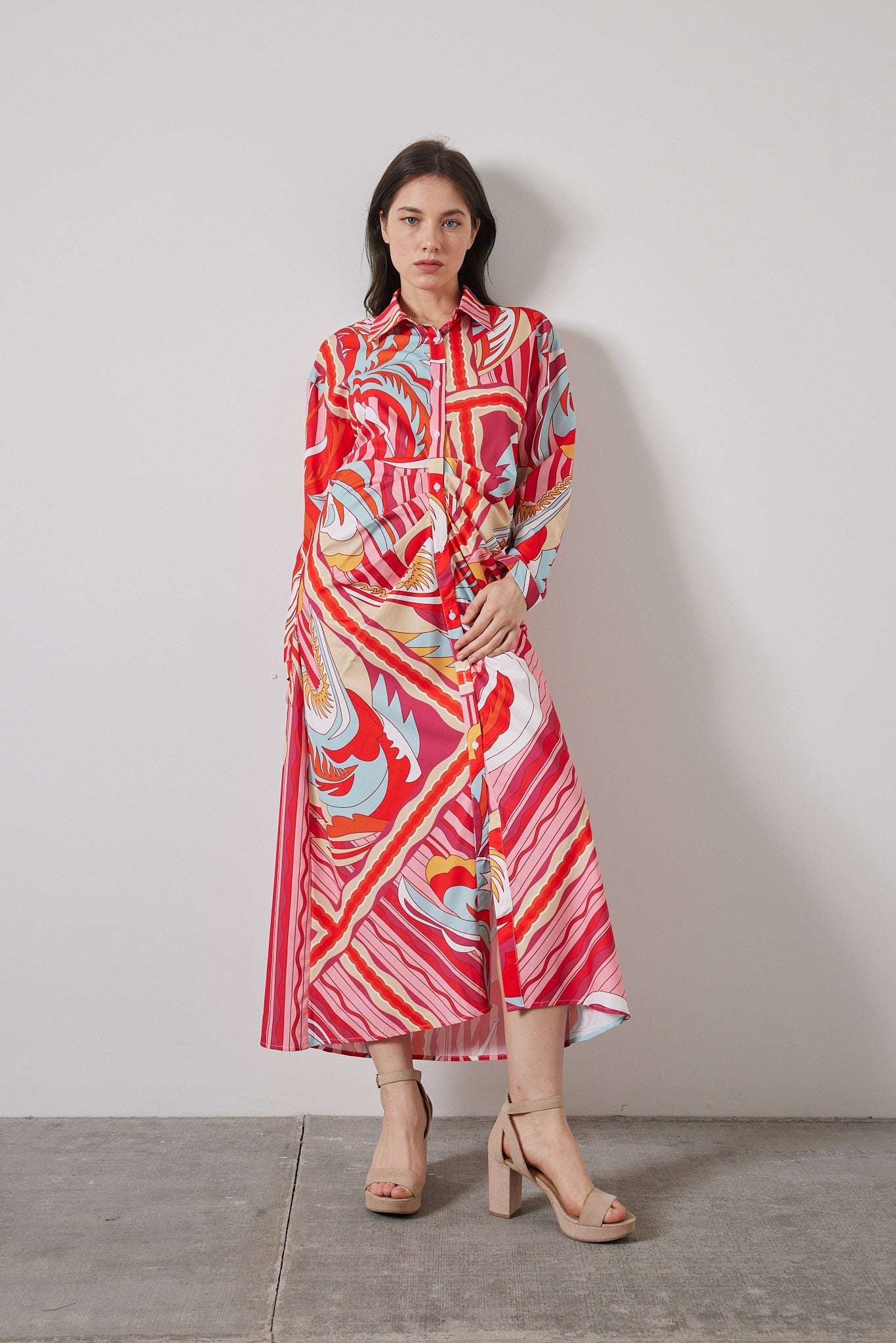 Women's red printed shirt dress with belt