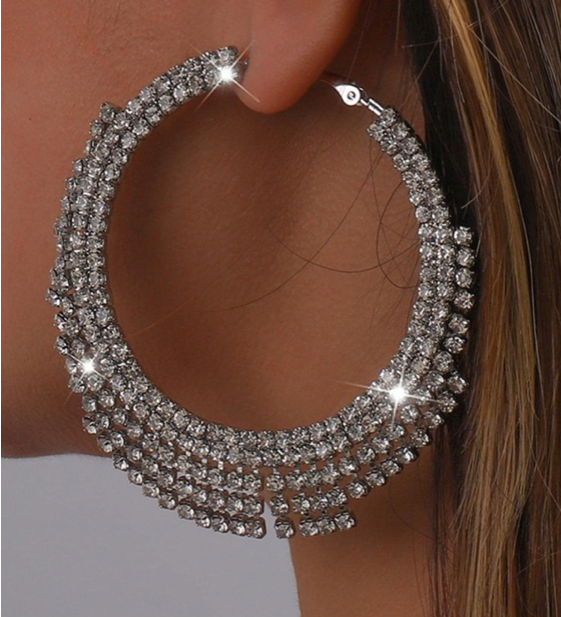 Women's Rhinestone Tassel Big Circle Dangle Earrings (silver)