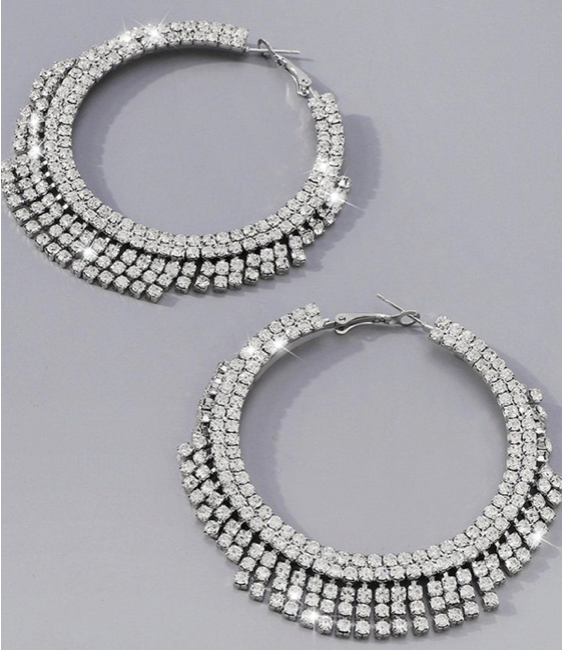 Women's Rhinestone Tassel Big Circle Dangle Earrings (silver)