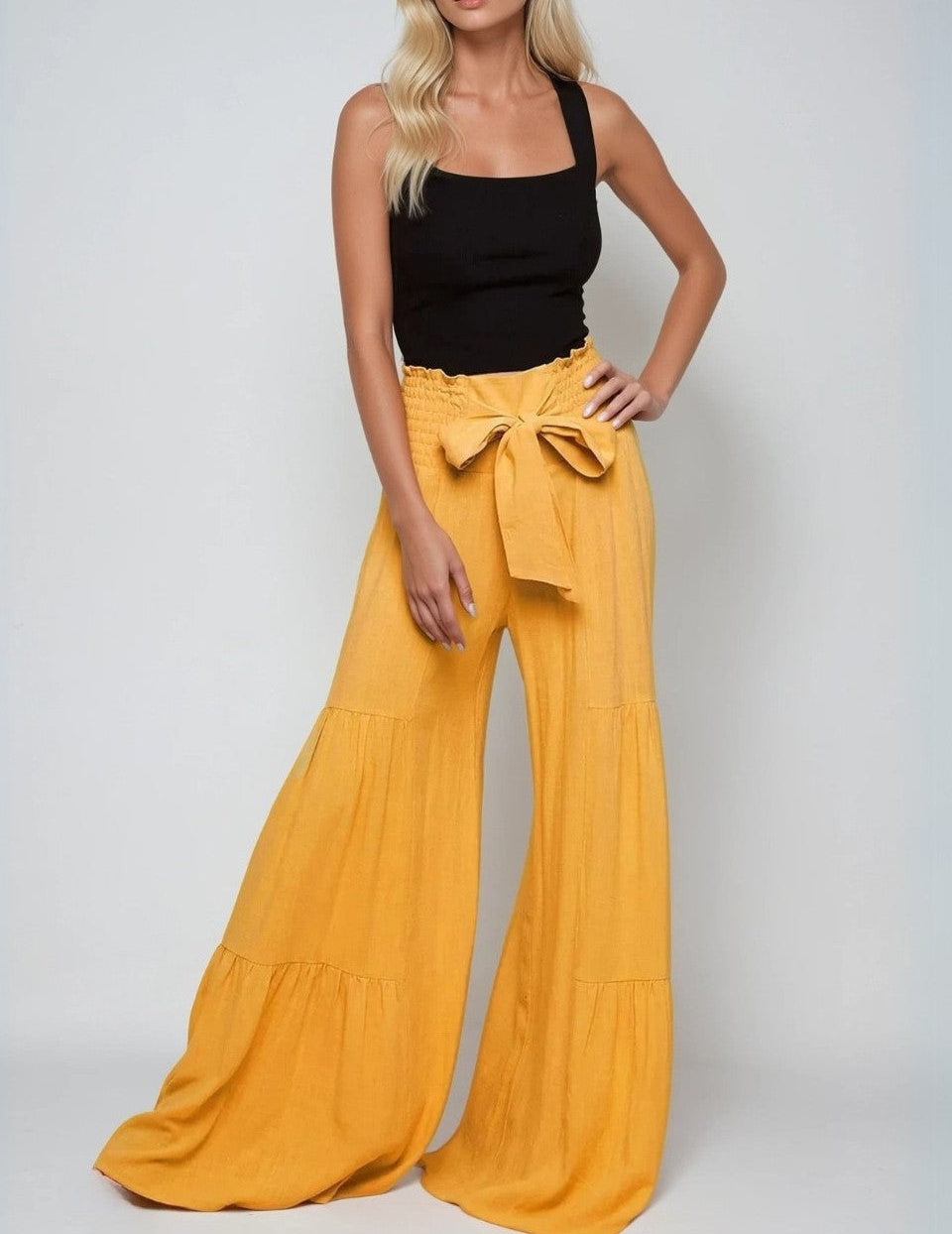 Yellow Boho Linen Wide-leg Palazzo Pants