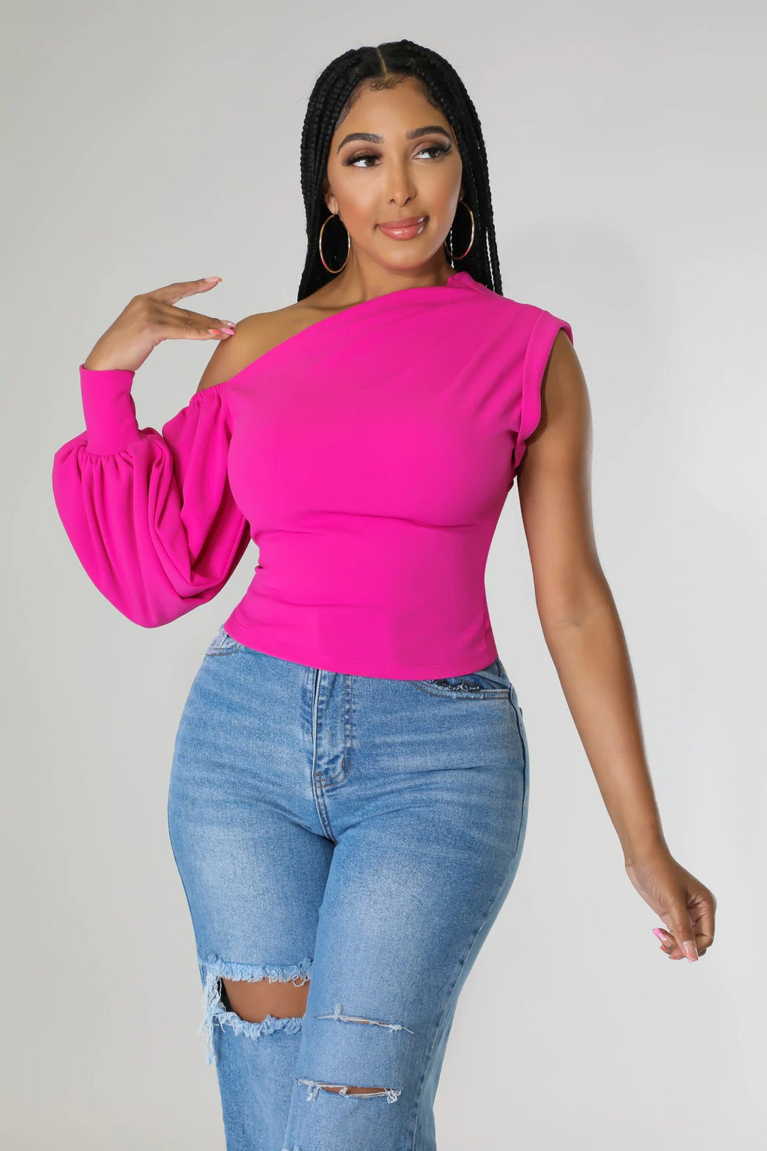 Women's one shoulder one sleeve top (fuchsia)