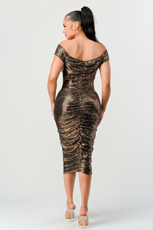 Women's off the shoulder metallic ruched dress (gold)