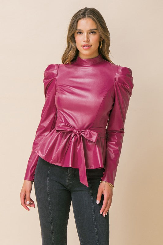 Faux leather mock neck puff sleeve peplum top (pink) –  MyGirlfriend'sClosetBoutique