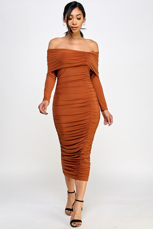 Women's off the shoulder ruched midi dress