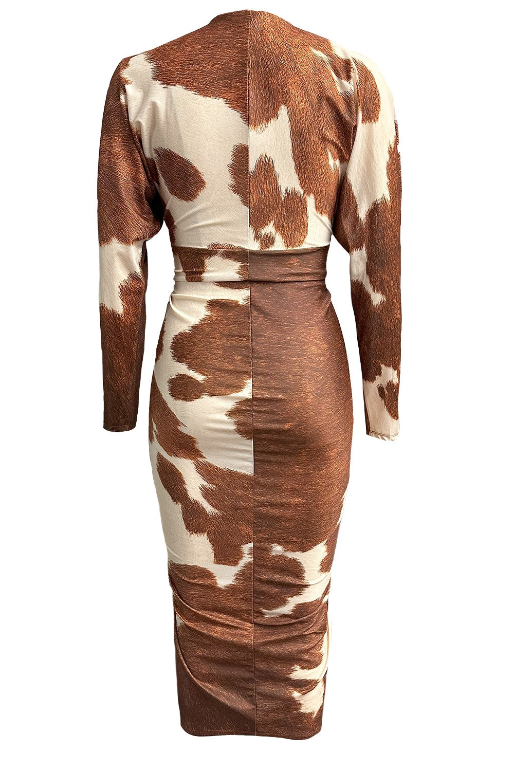Cow print dress with long sleeves on a white background