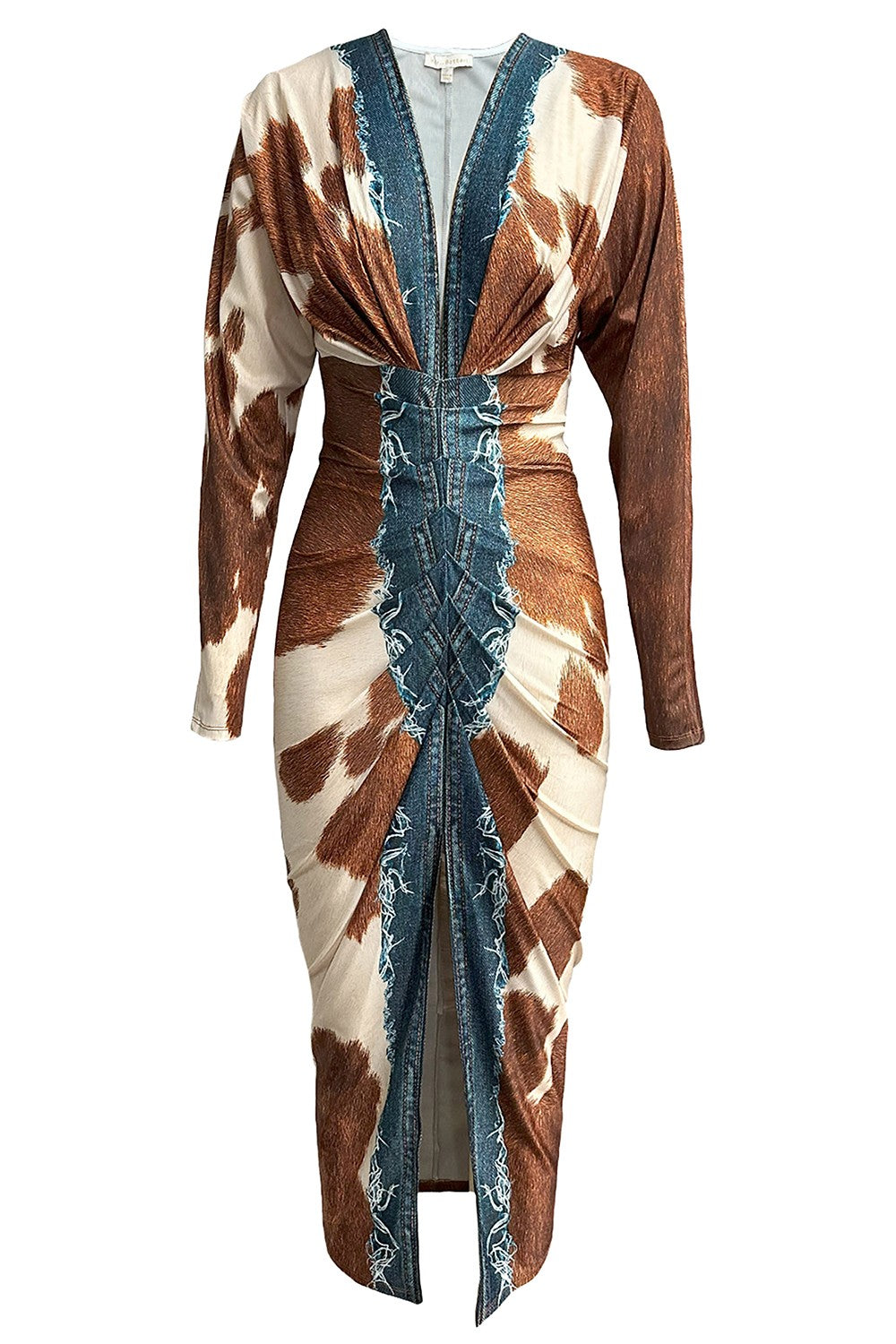 Long, patterned dress with brown, white, and blue design on a white background