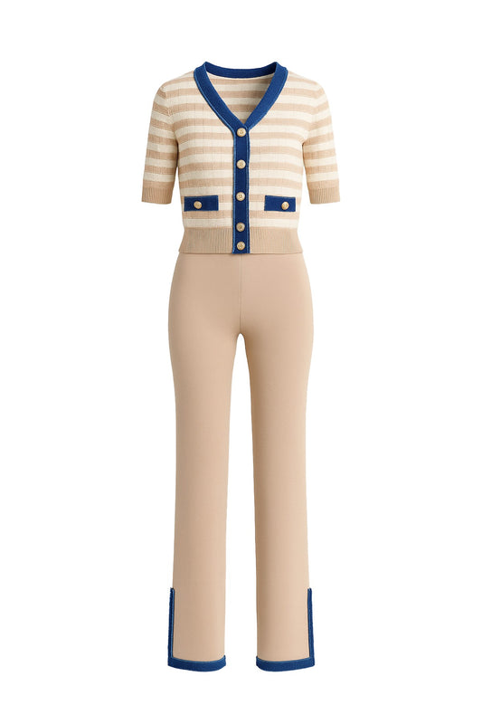 Denim Charm Striped Cardigan with Matching Pants Set