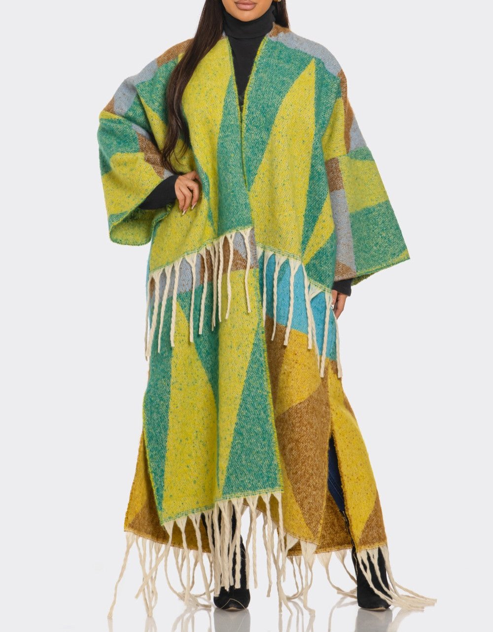 Women's printed tassel cardigan (green)