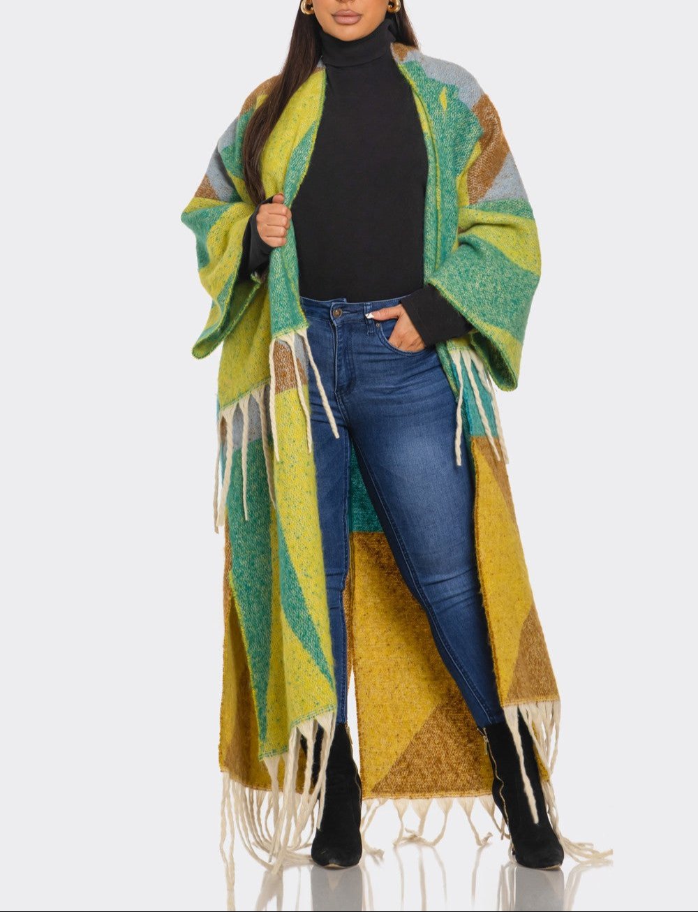 Women's printed tassel cardigan (green)