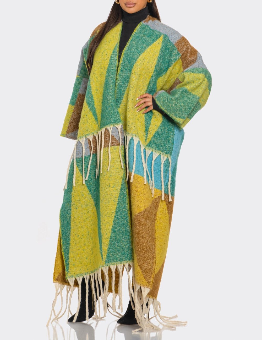 Women's printed tassel cardigan (green)