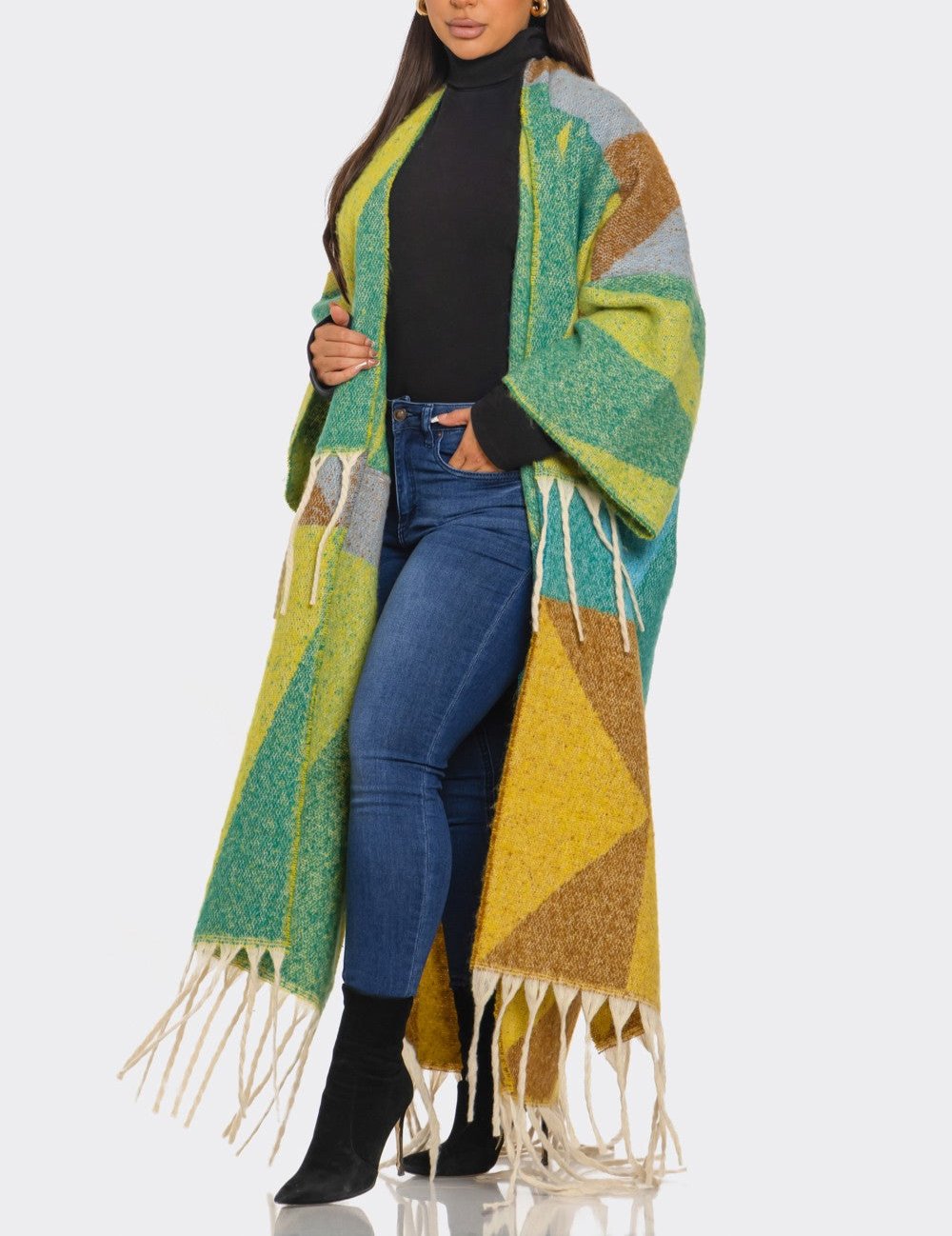 Women's printed tassel cardigan (green)