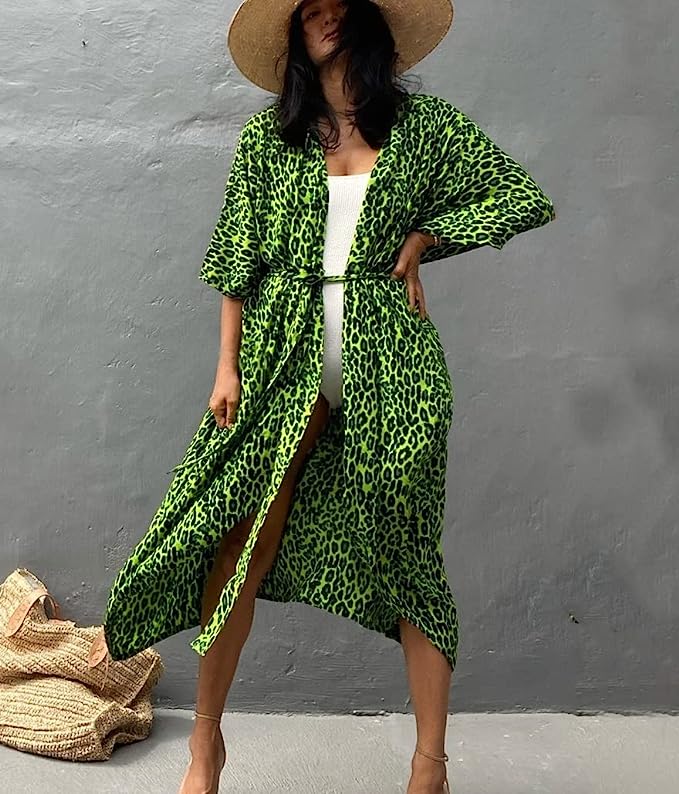 Women green leopard kimono cover up