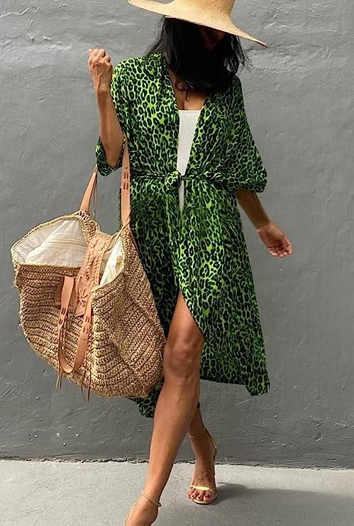 Women green leopard kimono cover up