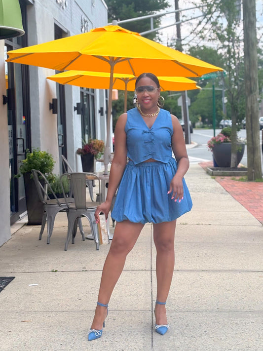 Bubble Skirt Set and matching ribbon vest 2pc set (Blue)