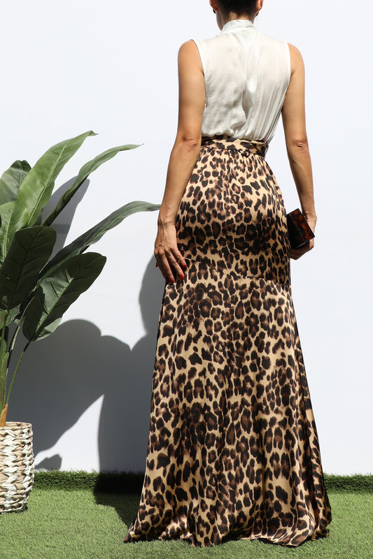 Women's Leopard V Neck Satin Maxi Dress