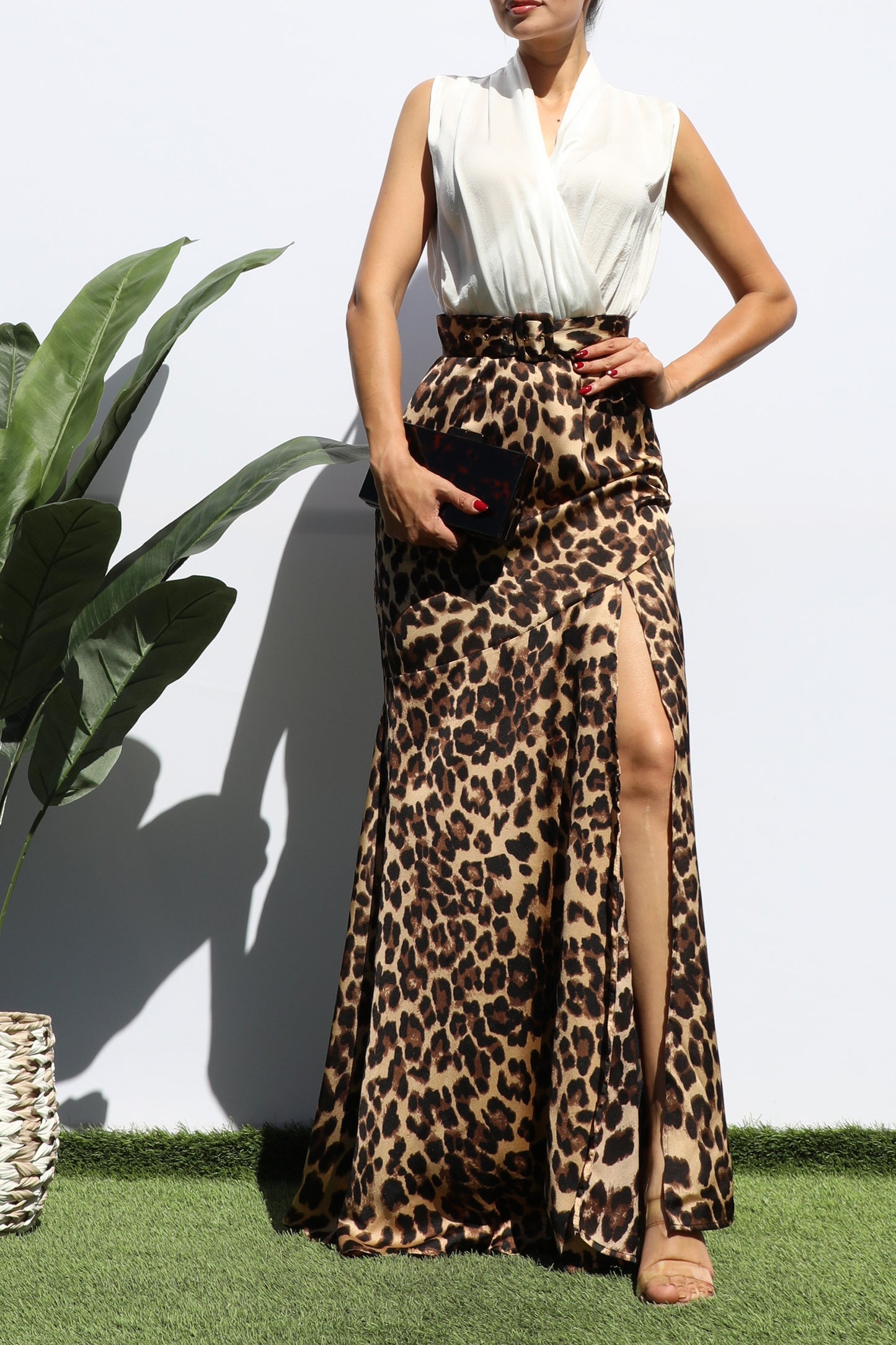 Women's Leopard V Neck Satin Maxi Dress
