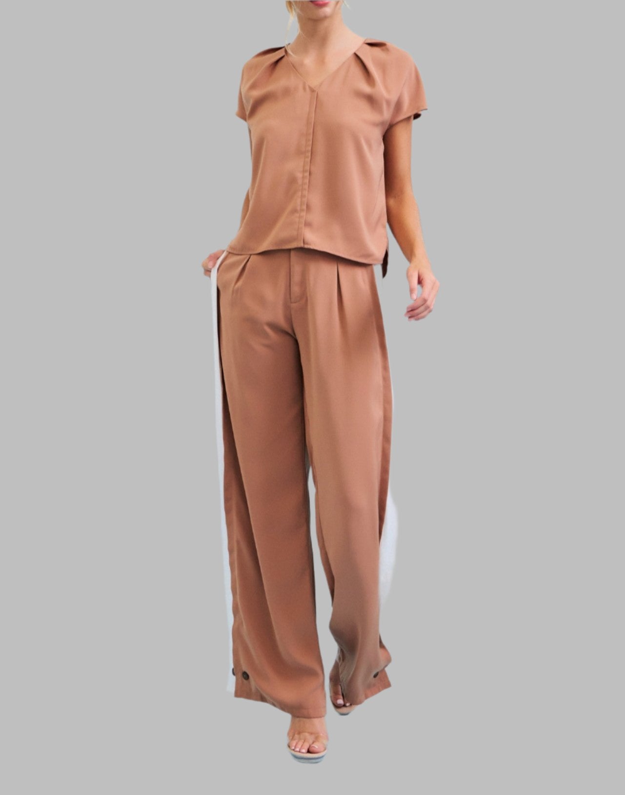 Mocha 2pc matching pants set with stripes